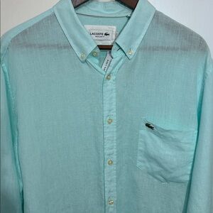 NWT‎ Lacoste Luxury Linen Mens Green 100% Button Up Long Sleeve XL $145